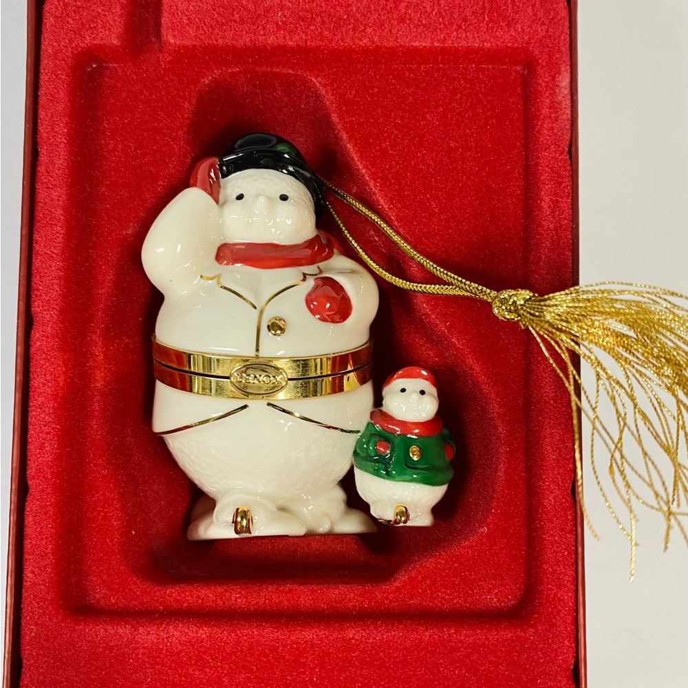 Lenox Snowman Ornament/Trinket box Set - Red, White, Gold, Green